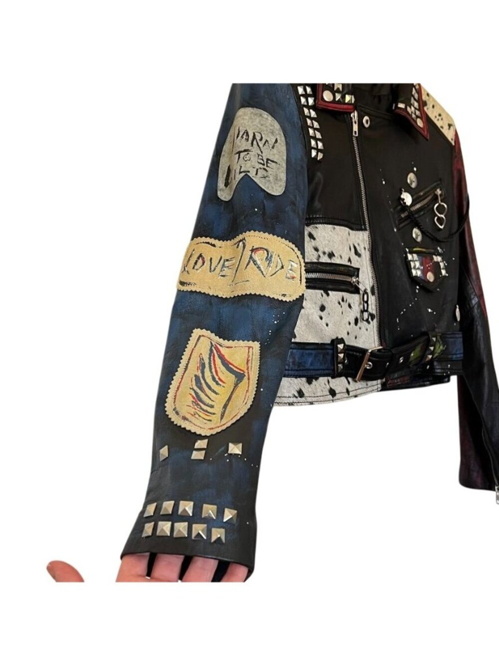 Zara Women M Ltd Edition Leather Battle Jacket Moto Studded Patchwork Cropped - Picture 3 of 16